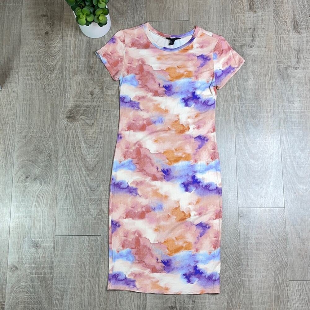 FOREVER 21 Orange & Purple Tie Dye Short Sleeve Bodycon Midi Dress
